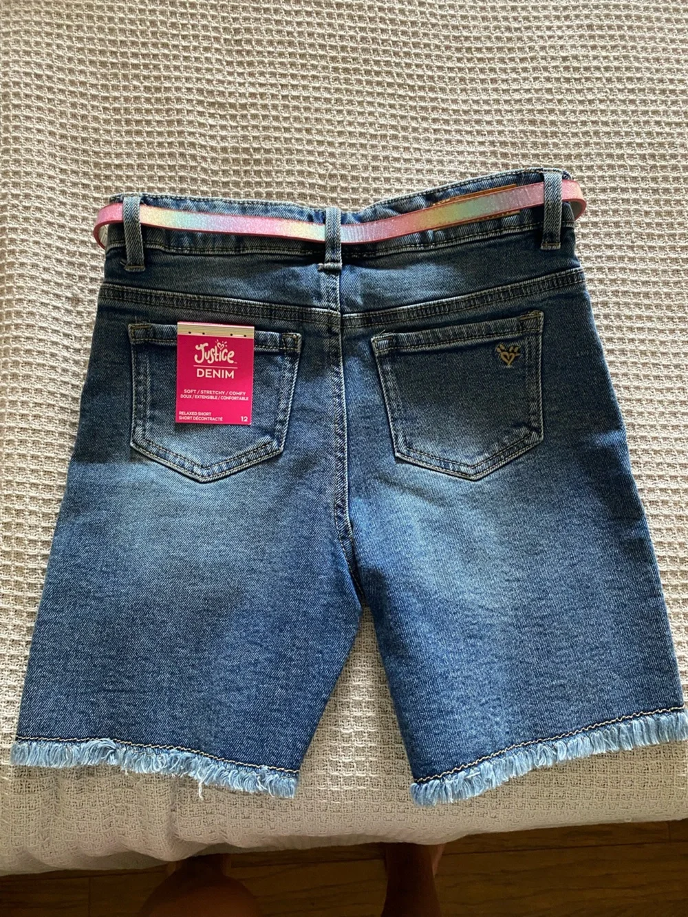 Justice Blue Distressed Denim Bermuda Shorts with Pink-Striped Belt